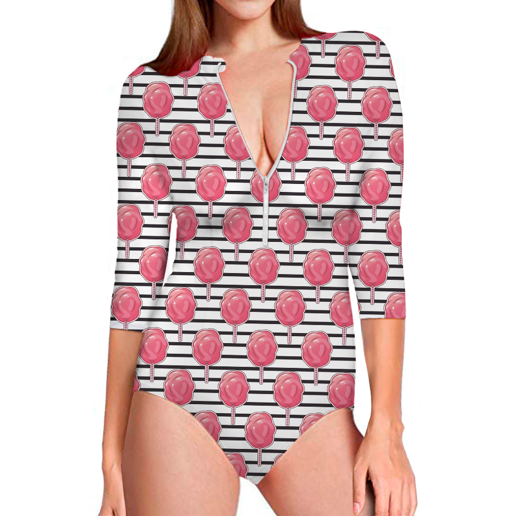 Cotton Candy Striped Pattern Print Long Sleeve One Piece Swimsuit