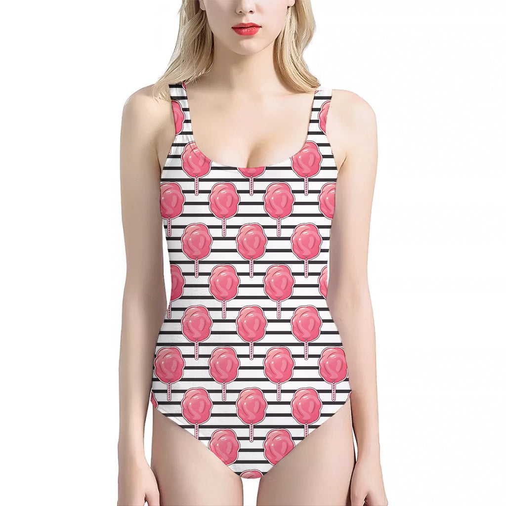 Cotton Candy Striped Pattern Print One Piece Halter Neck Swimsuit