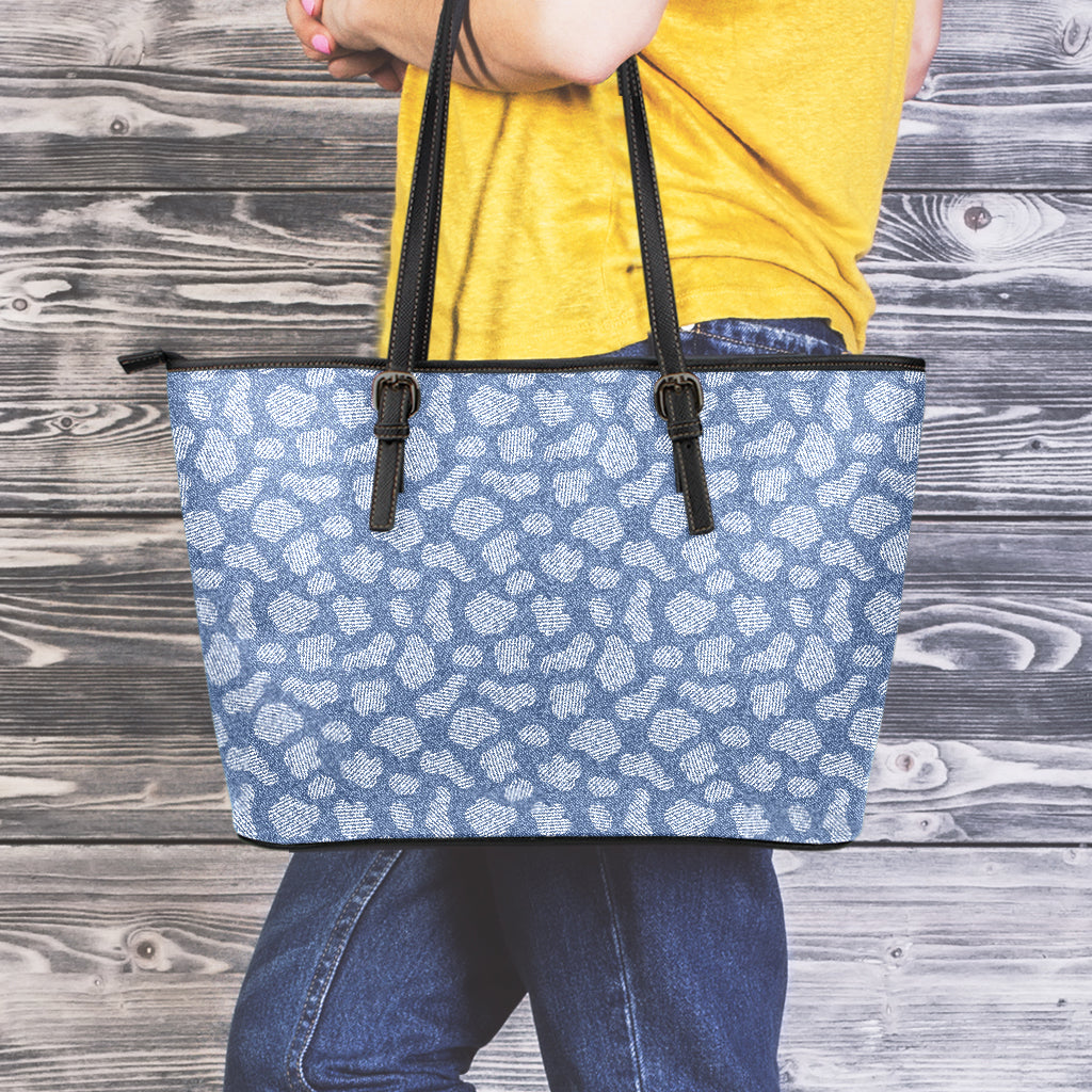 Cow Denim Jeans Pattern Print Leather Tote Bag