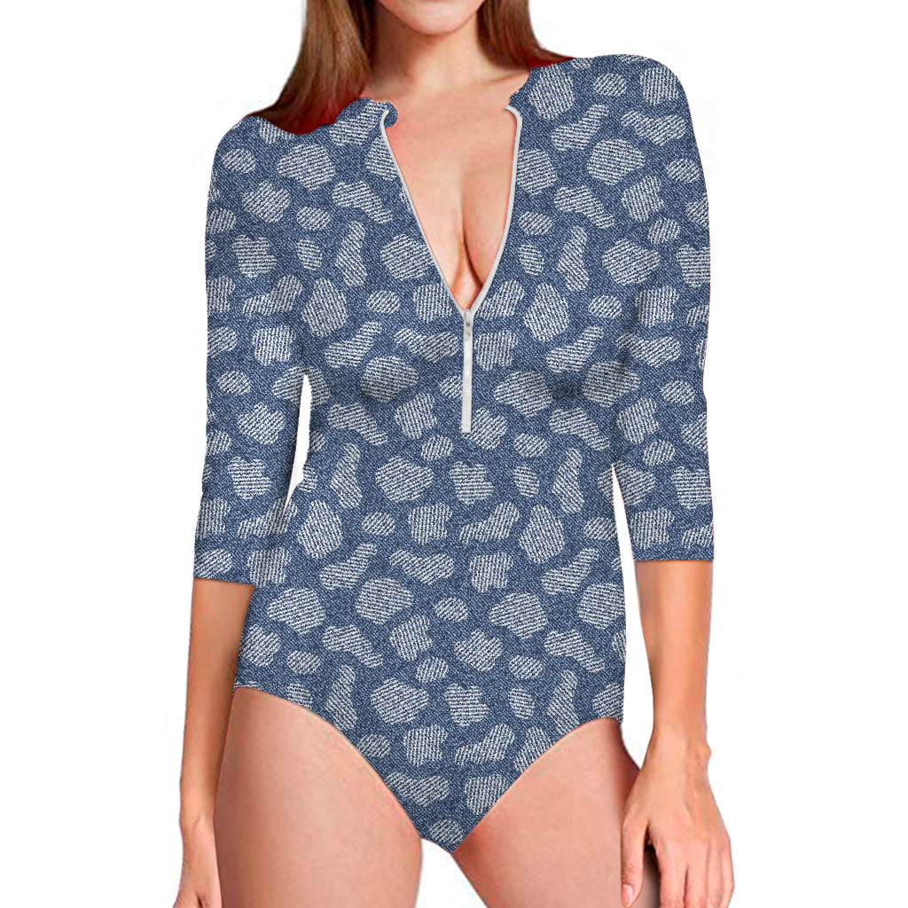 Cow Denim Jeans Pattern Print Long Sleeve One Piece Swimsuit