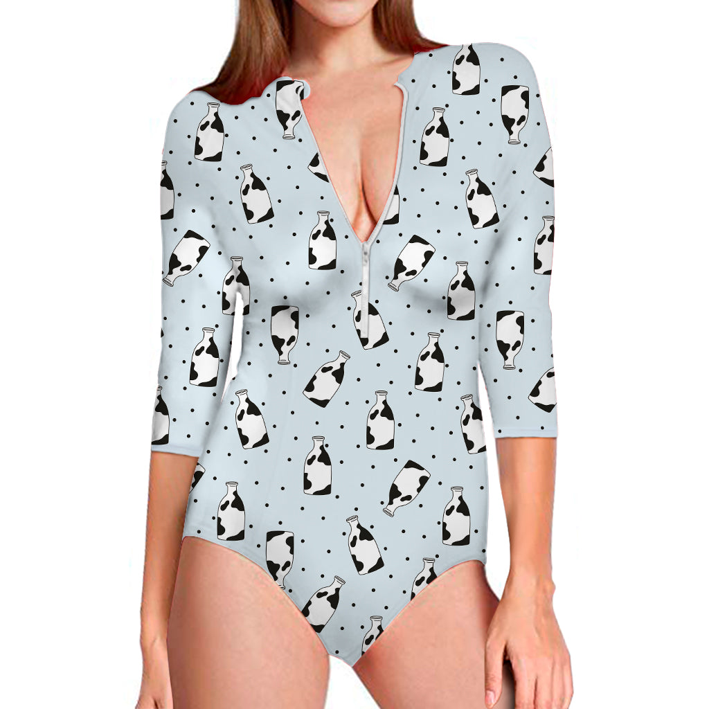 Cow Milk Bottle Pattern Print Long Sleeve One Piece Swimsuit