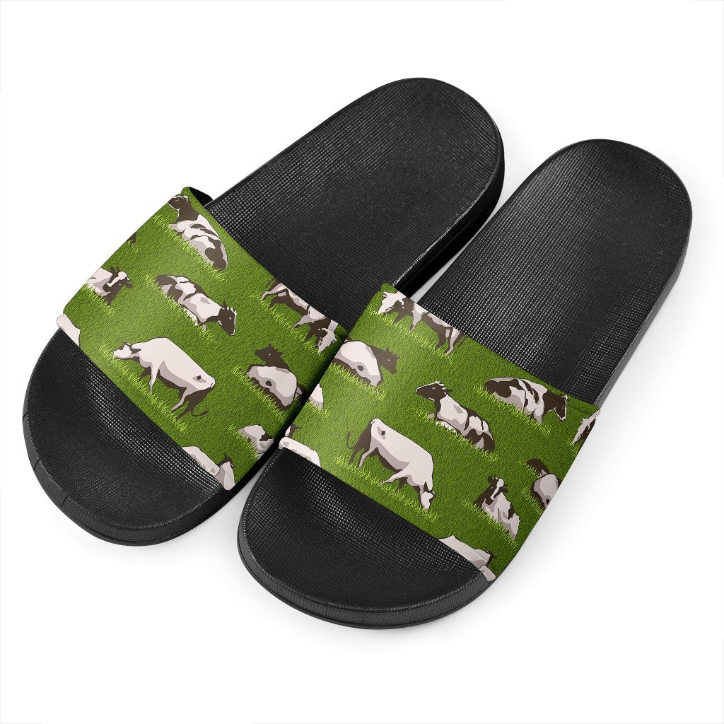 Cow On Green Grass Pattern Print Black Slide Sandals