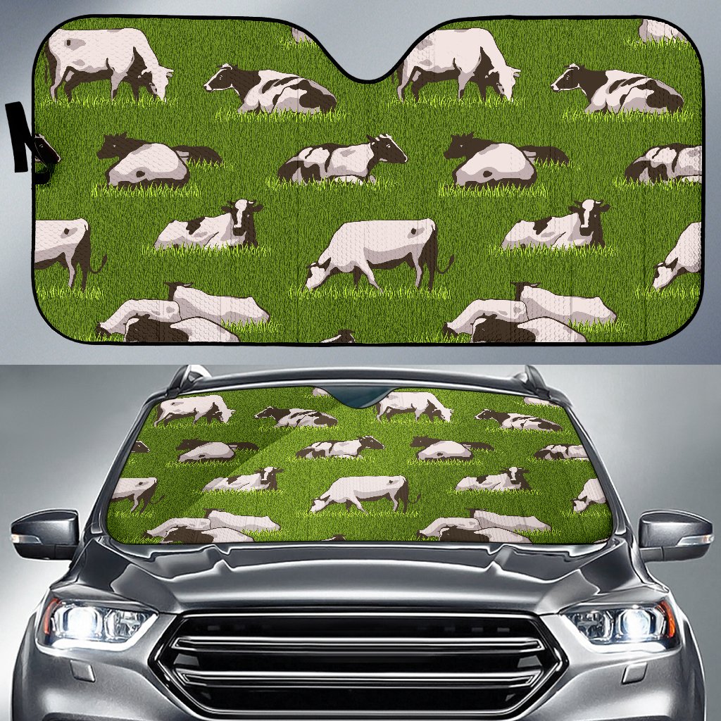 Cow On Green Grass Pattern Print Car Sun Shade