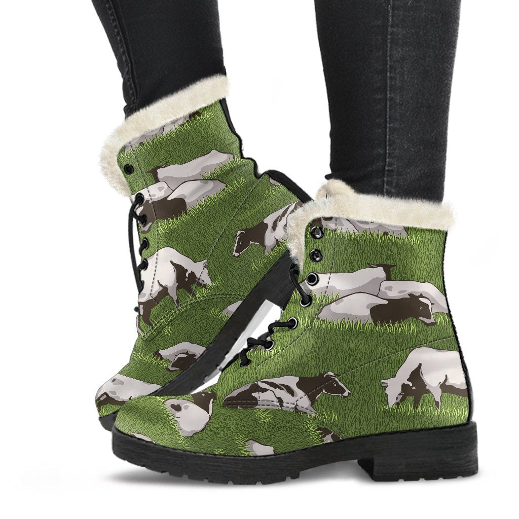 Cow On Green Grass Pattern Print Faux Fur Leather Boots