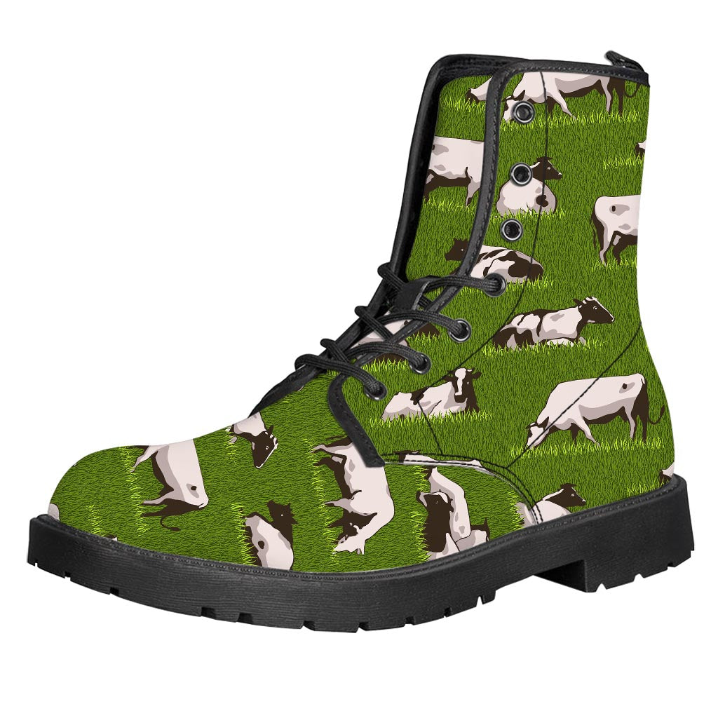 Cow On Green Grass Pattern Print Leather Boots