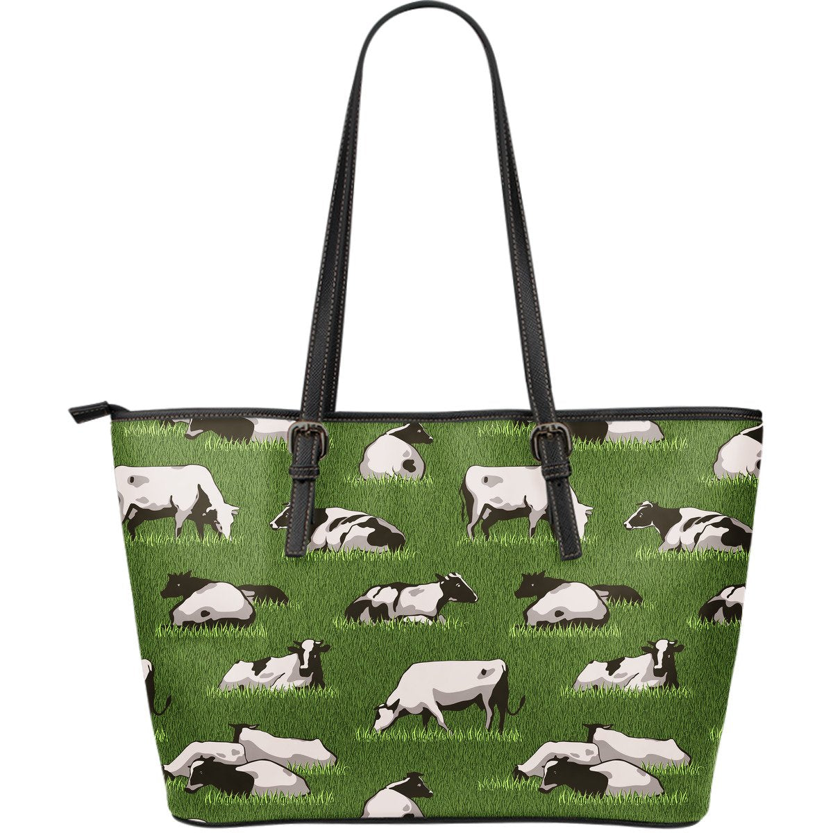 Cow On Green Grass Pattern Print Leather Tote Bag