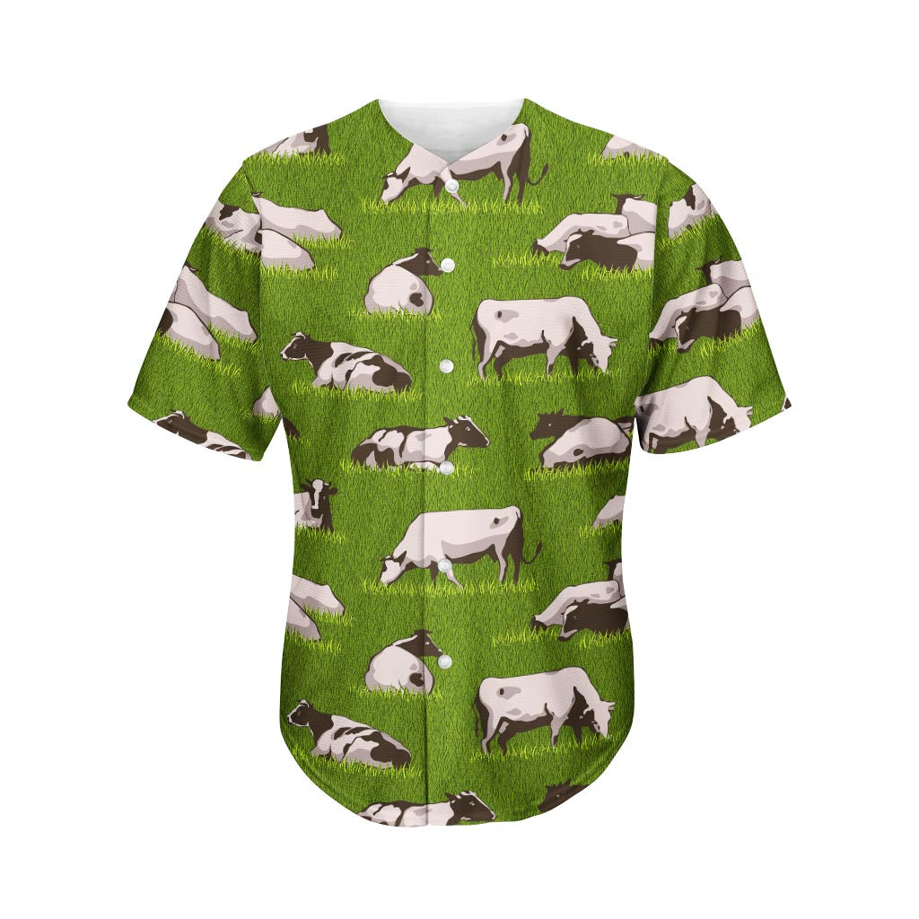 Cow On Green Grass Pattern Print Men's Baseball Jersey