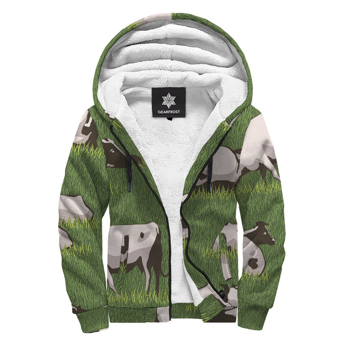 Cow On Green Grass Pattern Print Sherpa Lined Fleece Hoodie