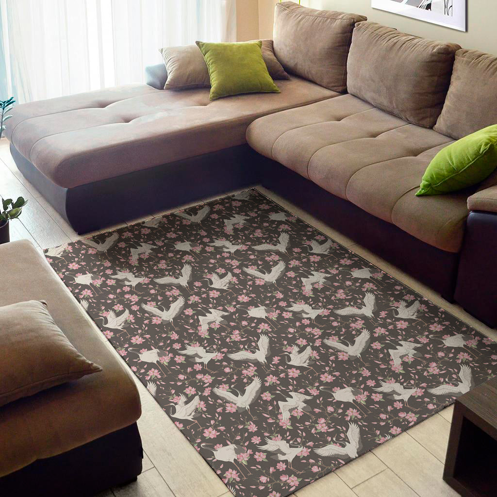 Crane Bird And Flower Pattern Print Area Rug