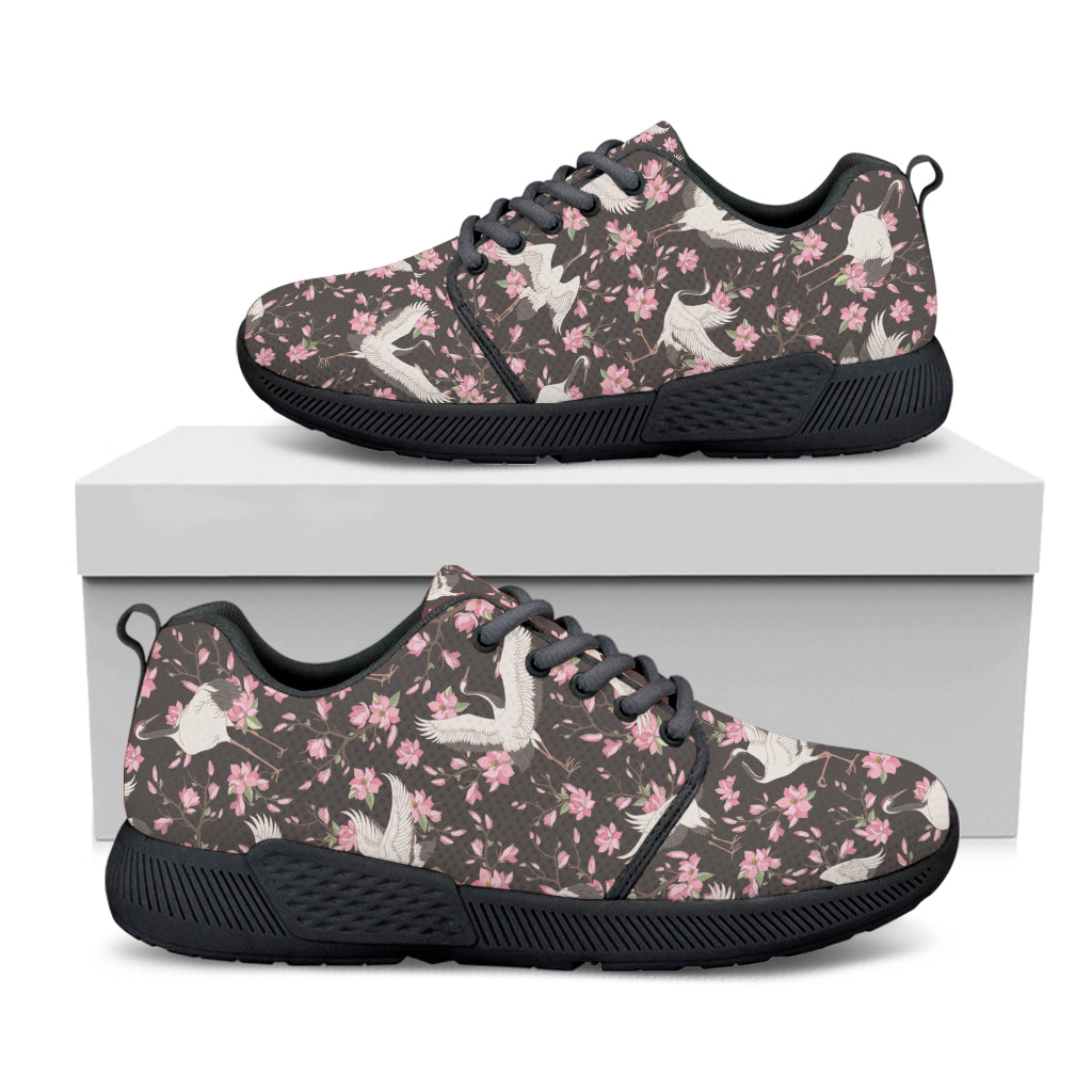 Crane Bird And Flower Pattern Print Black Athletic Shoes