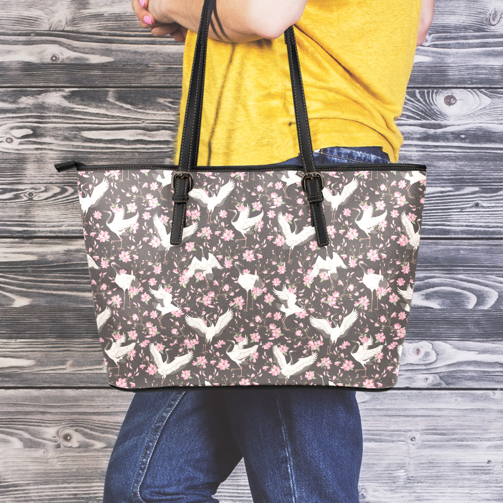 Crane Bird And Flower Pattern Print Leather Tote Bag