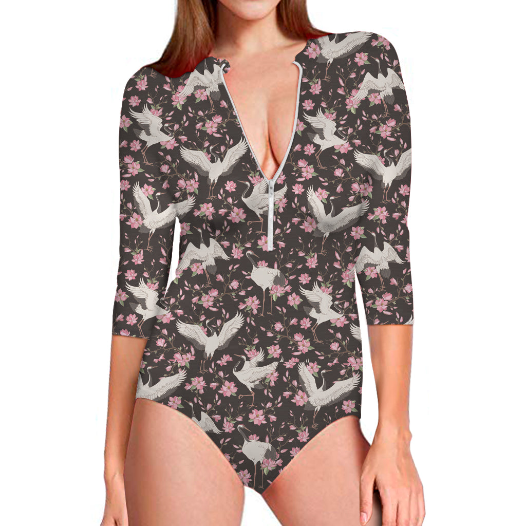 Crane Bird And Flower Pattern Print Long Sleeve One Piece Swimsuit