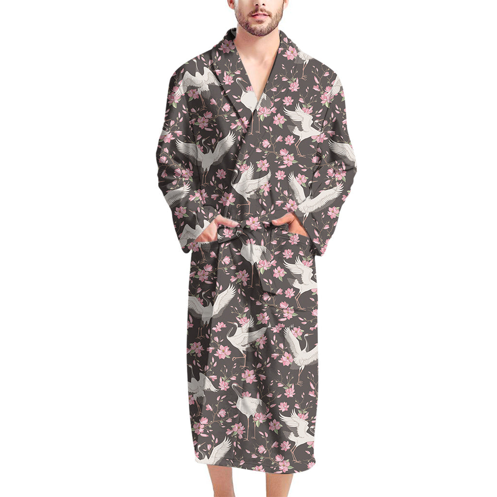 Crane Bird And Flower Pattern Print Men's Bathrobe