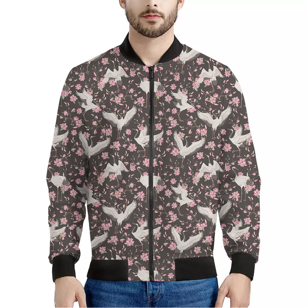 Crane Bird And Flower Pattern Print Men's Bomber Jacket