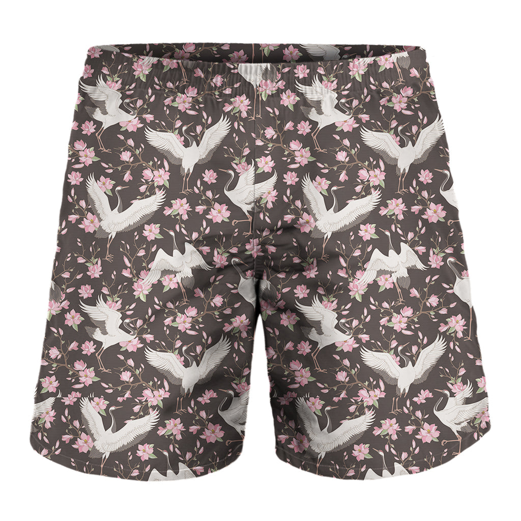 Crane Bird And Flower Pattern Print Men's Shorts