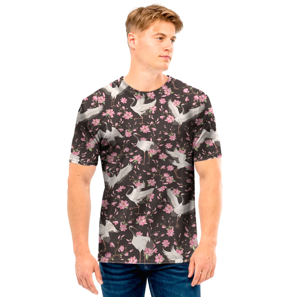 Crane Bird And Flower Pattern Print Men's T-Shirt