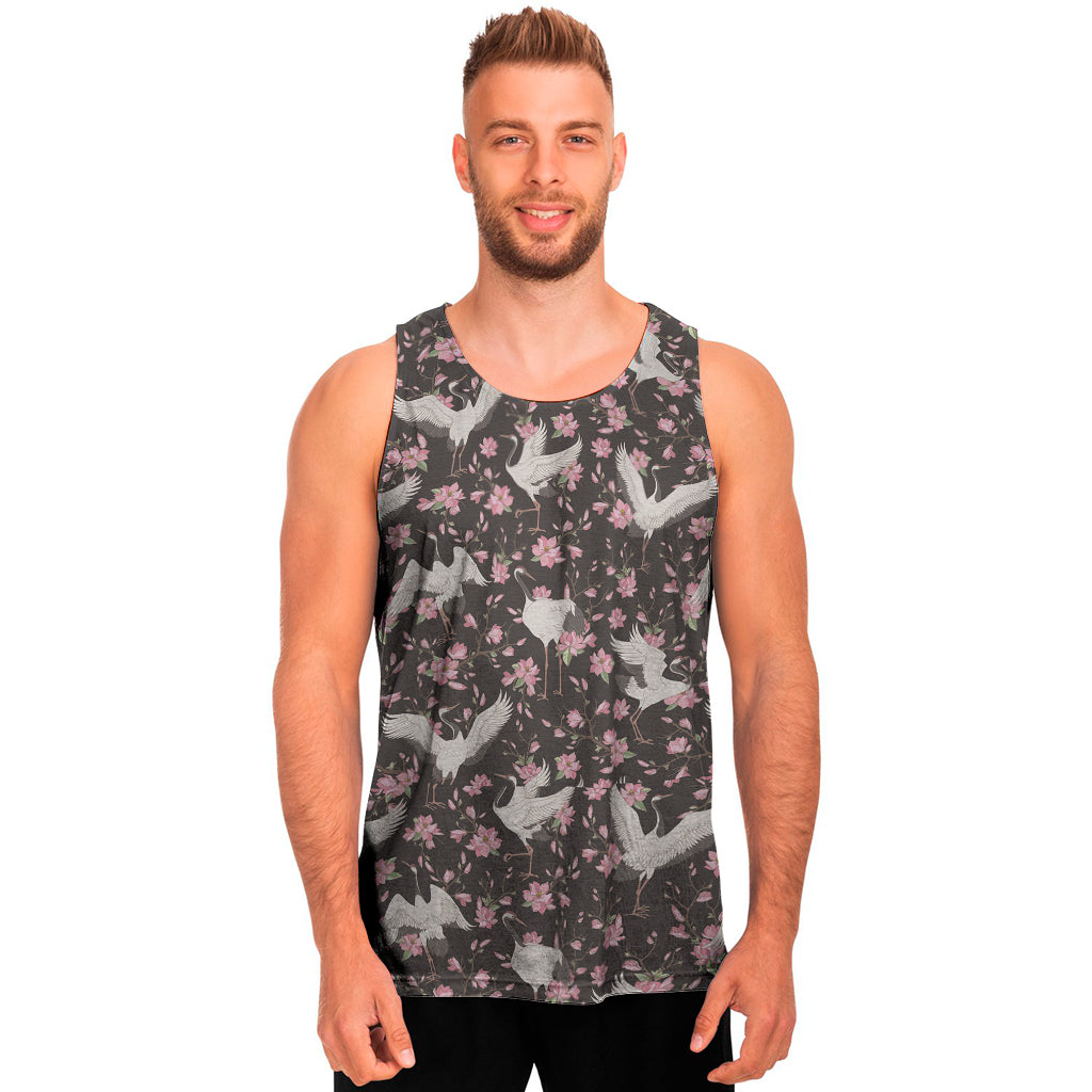 Crane Bird And Flower Pattern Print Men's Tank Top