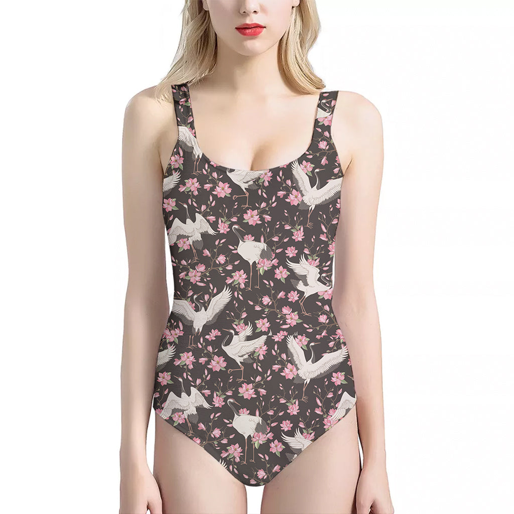 Crane Bird And Flower Pattern Print One Piece Halter Neck Swimsuit