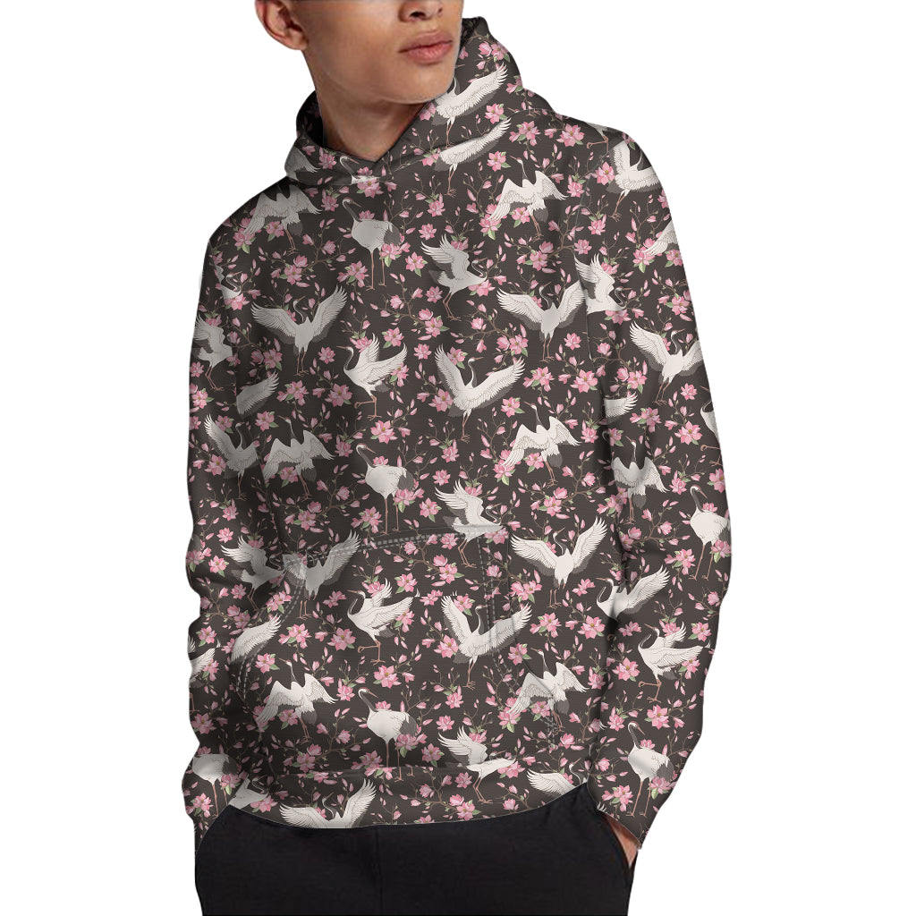 Crane Bird And Flower Pattern Print Pullover Hoodie