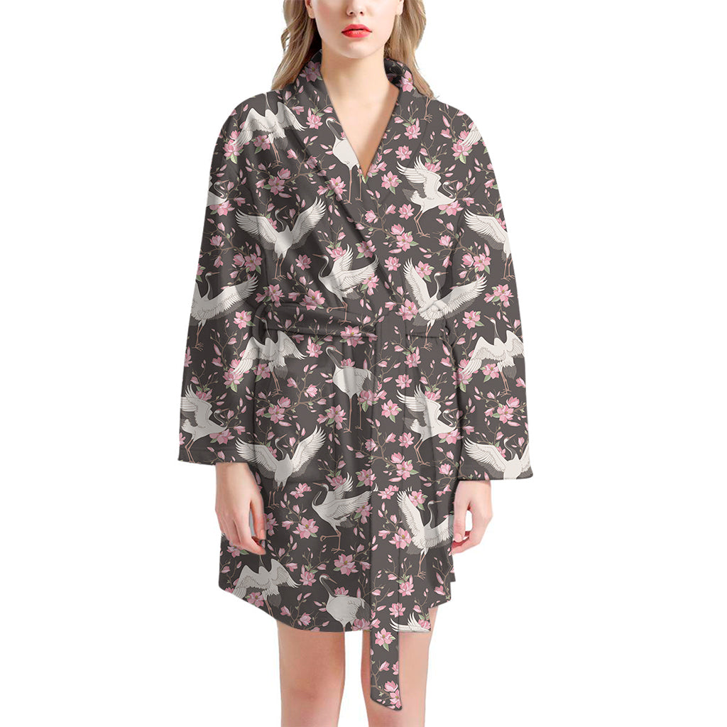 Crane Bird And Flower Pattern Print Women's Bathrobe