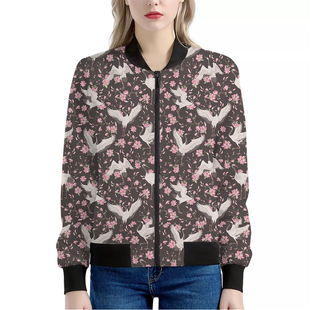 Crane Bird And Flower Pattern Print Women's Bomber Jacket