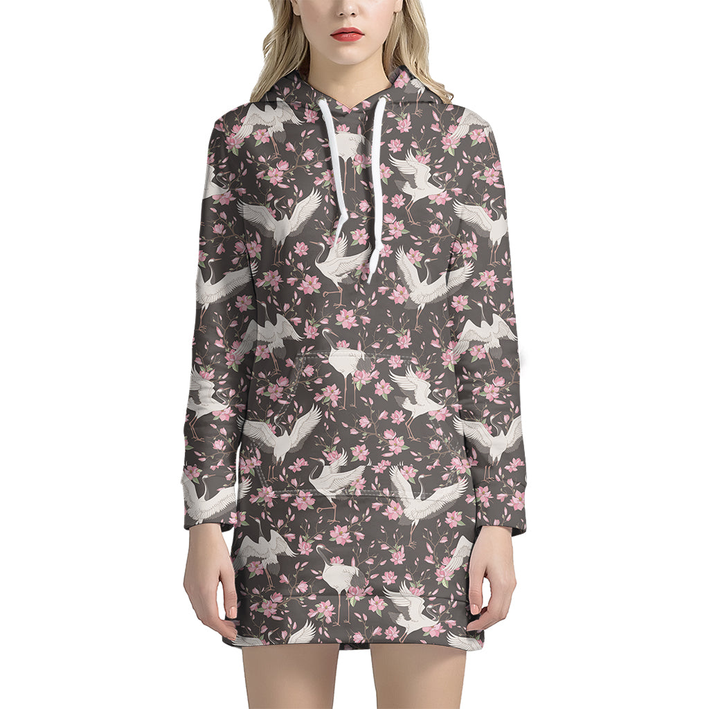 Crane Bird And Flower Pattern Print Women's Pullover Hoodie Dress