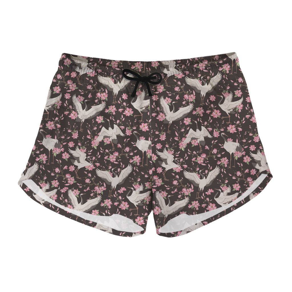 Crane Bird And Flower Pattern Print Women's Shorts