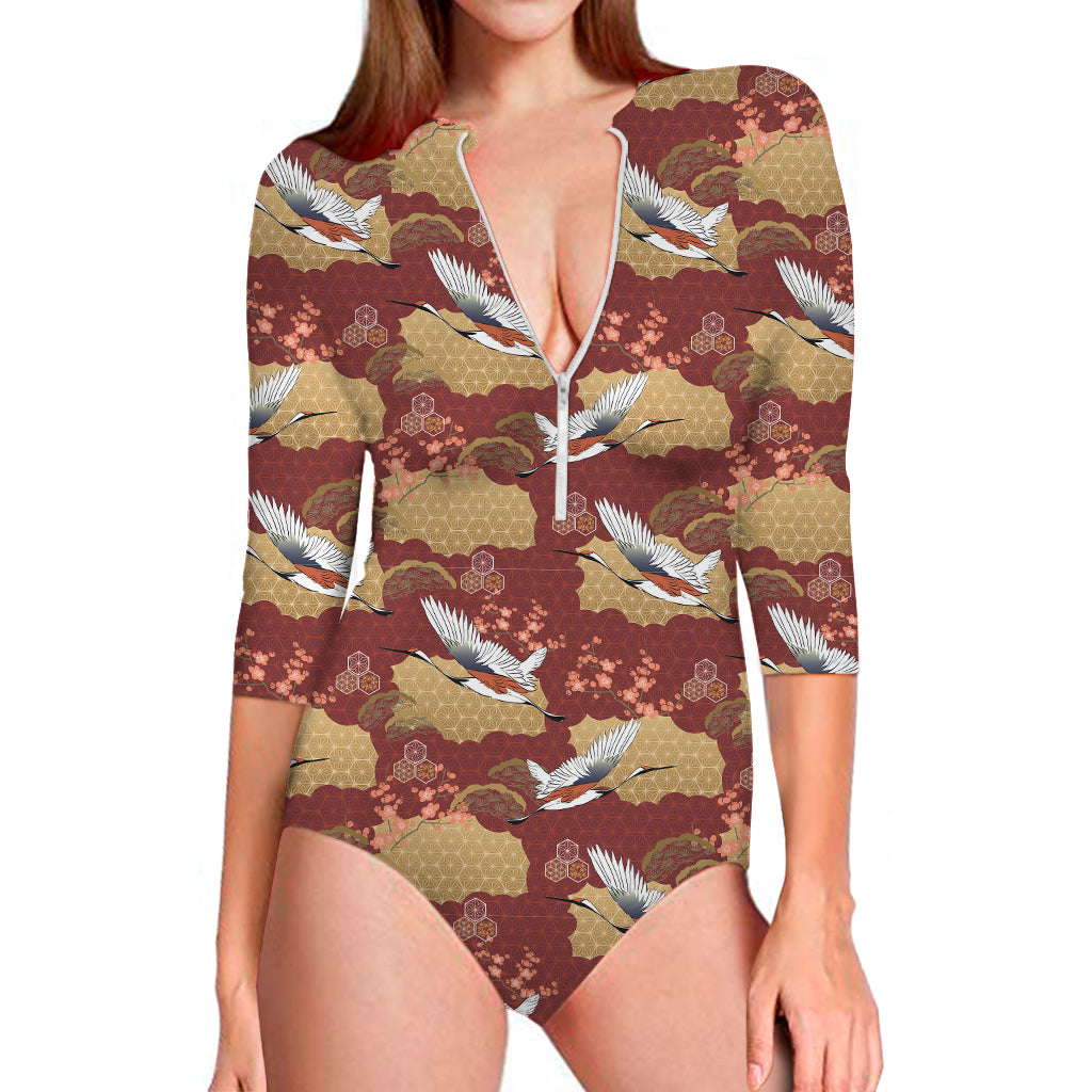 Crane Bird Kimono Pattern Print Long Sleeve One Piece Swimsuit