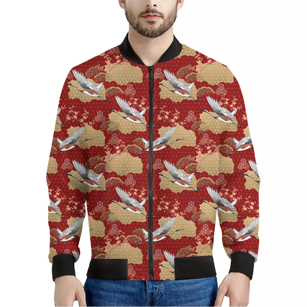 Crane Bird Kimono Pattern Print Men's Bomber Jacket