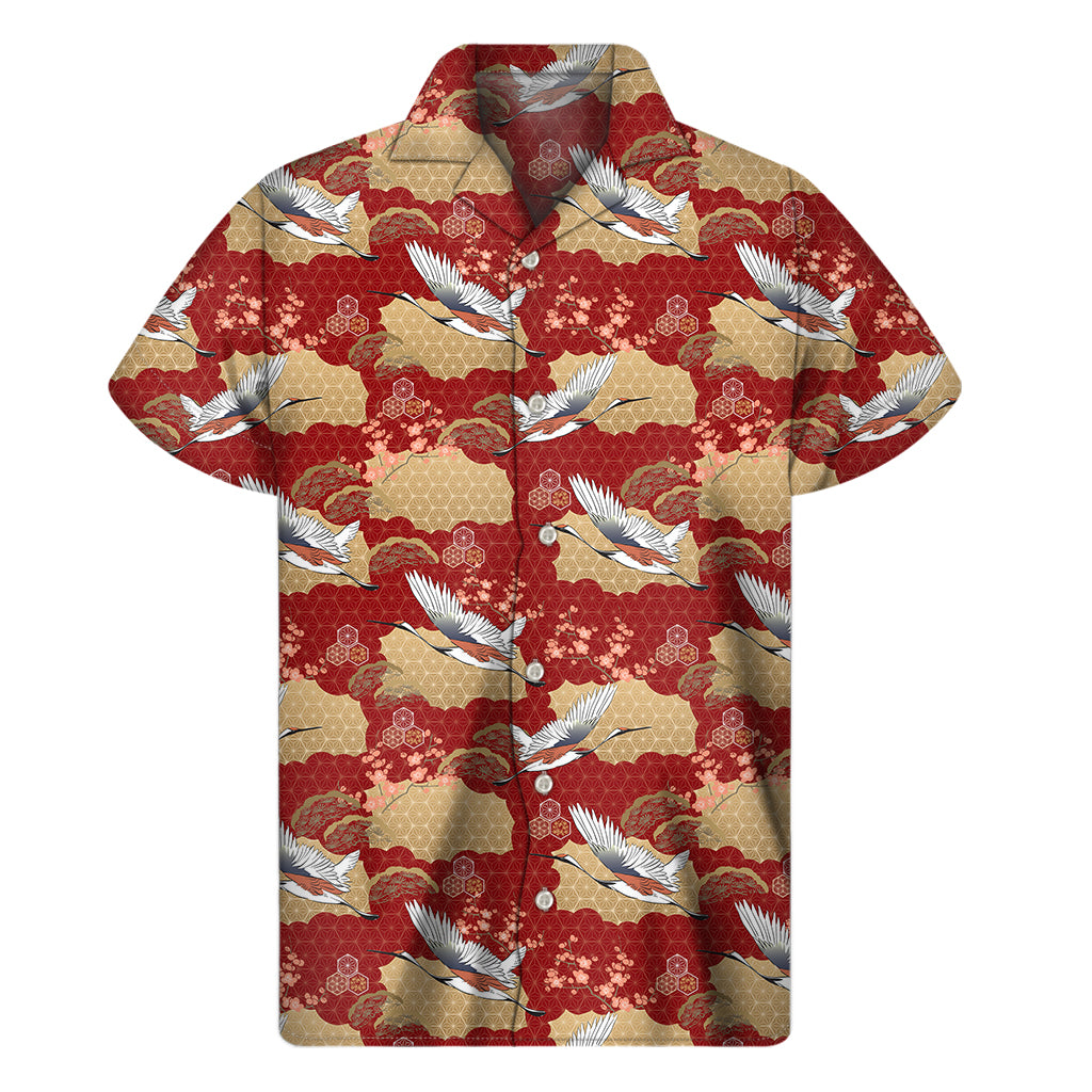 Crane Bird Kimono Pattern Print Men's Short Sleeve Shirt