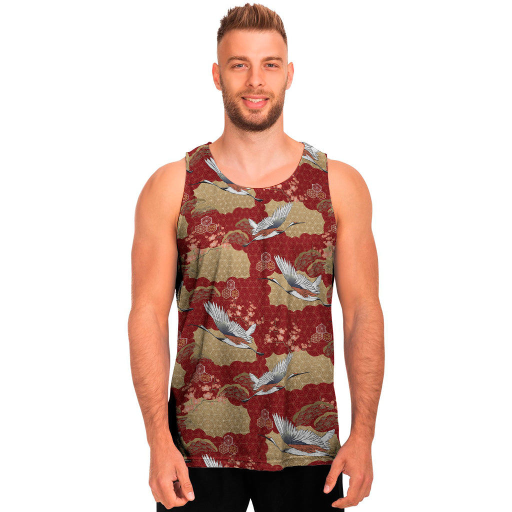 Crane Bird Kimono Pattern Print Men's Tank Top