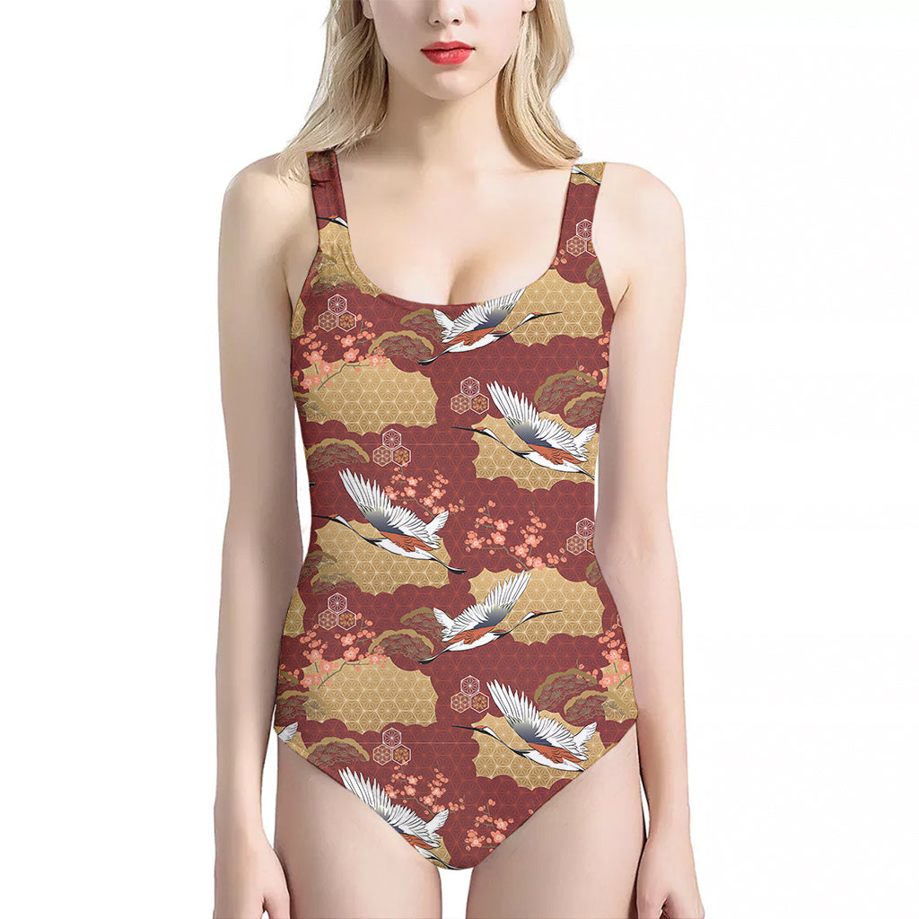 Crane Bird Kimono Pattern Print One Piece Halter Neck Swimsuit