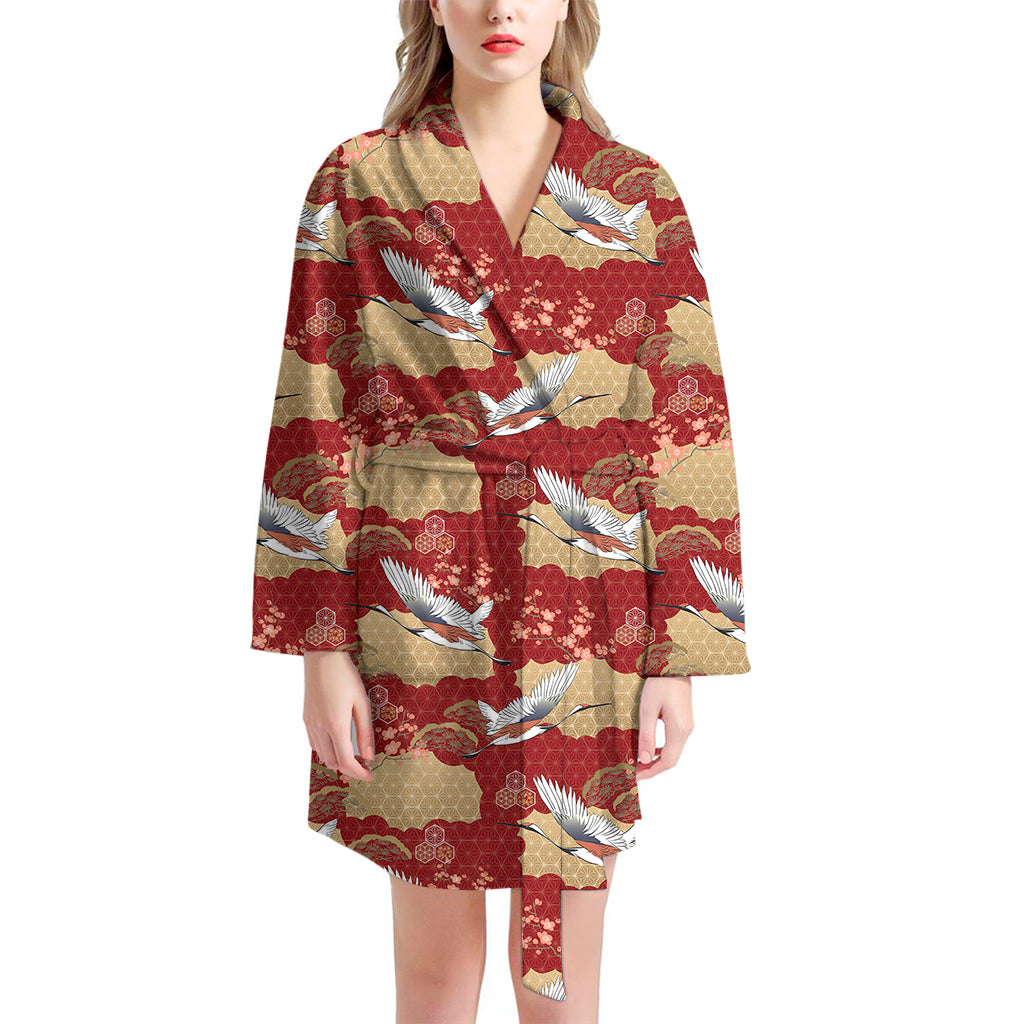 Crane Bird Kimono Pattern Print Women's Bathrobe