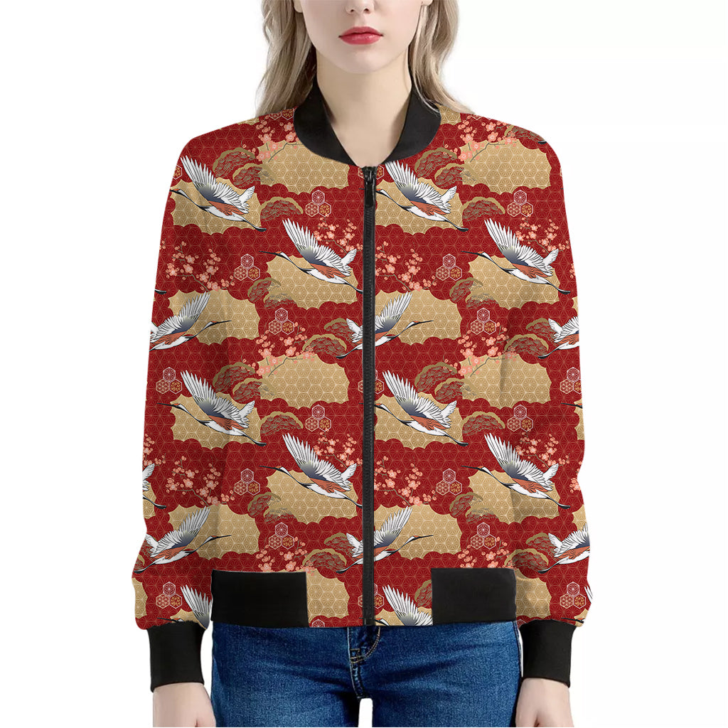 Crane Bird Kimono Pattern Print Women's Bomber Jacket