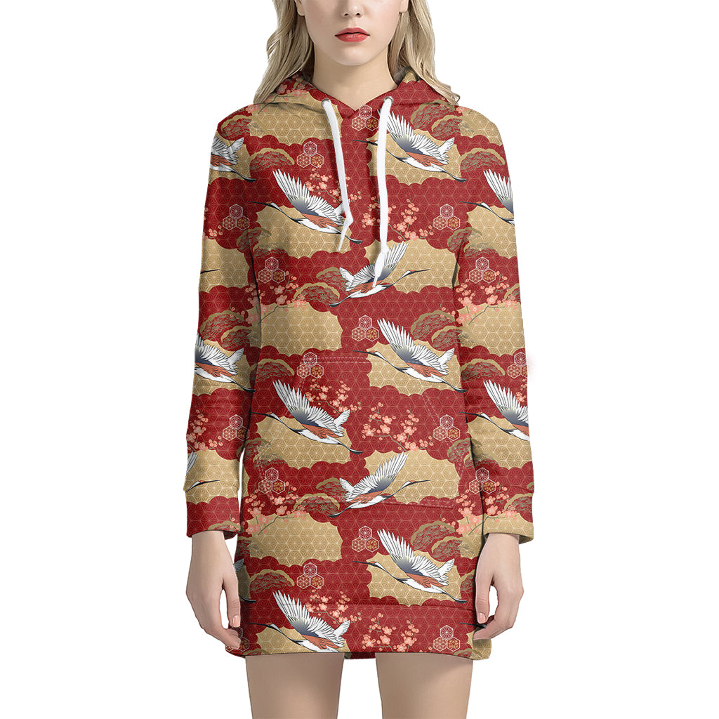 Crane Bird Kimono Pattern Print Women's Pullover Hoodie Dress