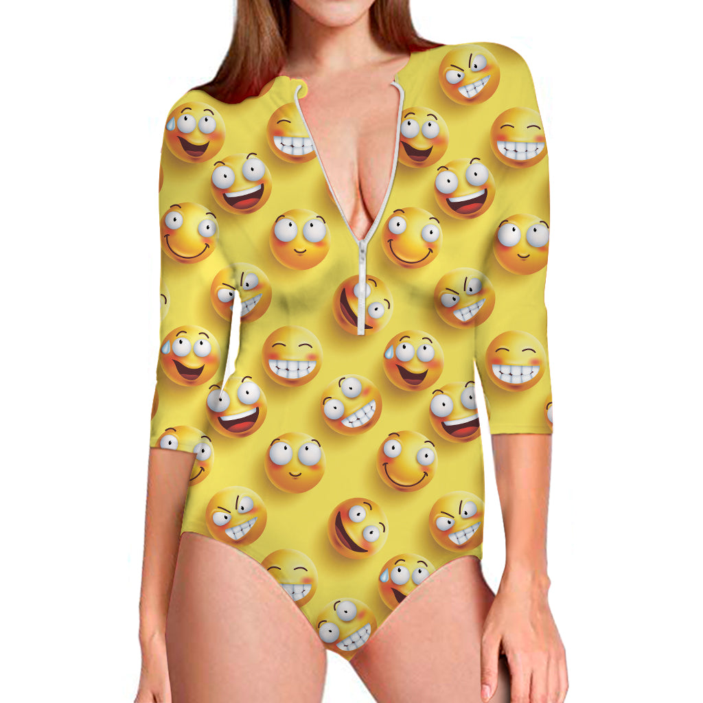 Crazy Emoji Pattern Print Long Sleeve One Piece Swimsuit