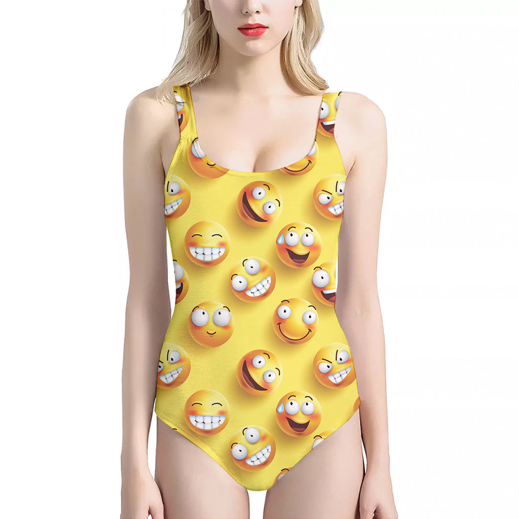 Crazy Emoji Pattern Print One Piece Halter Neck Swimsuit