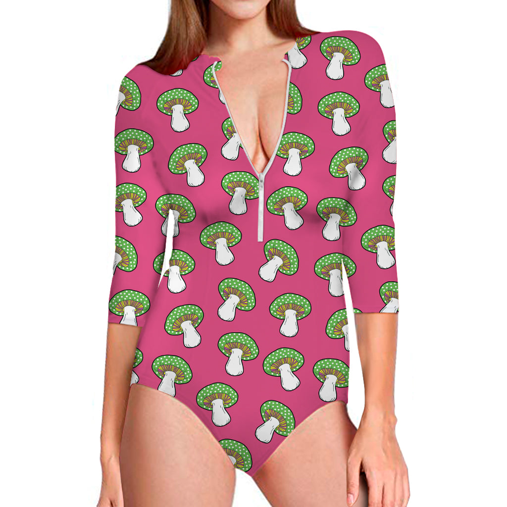 Crazy Mushroom Pattern Print Long Sleeve One Piece Swimsuit