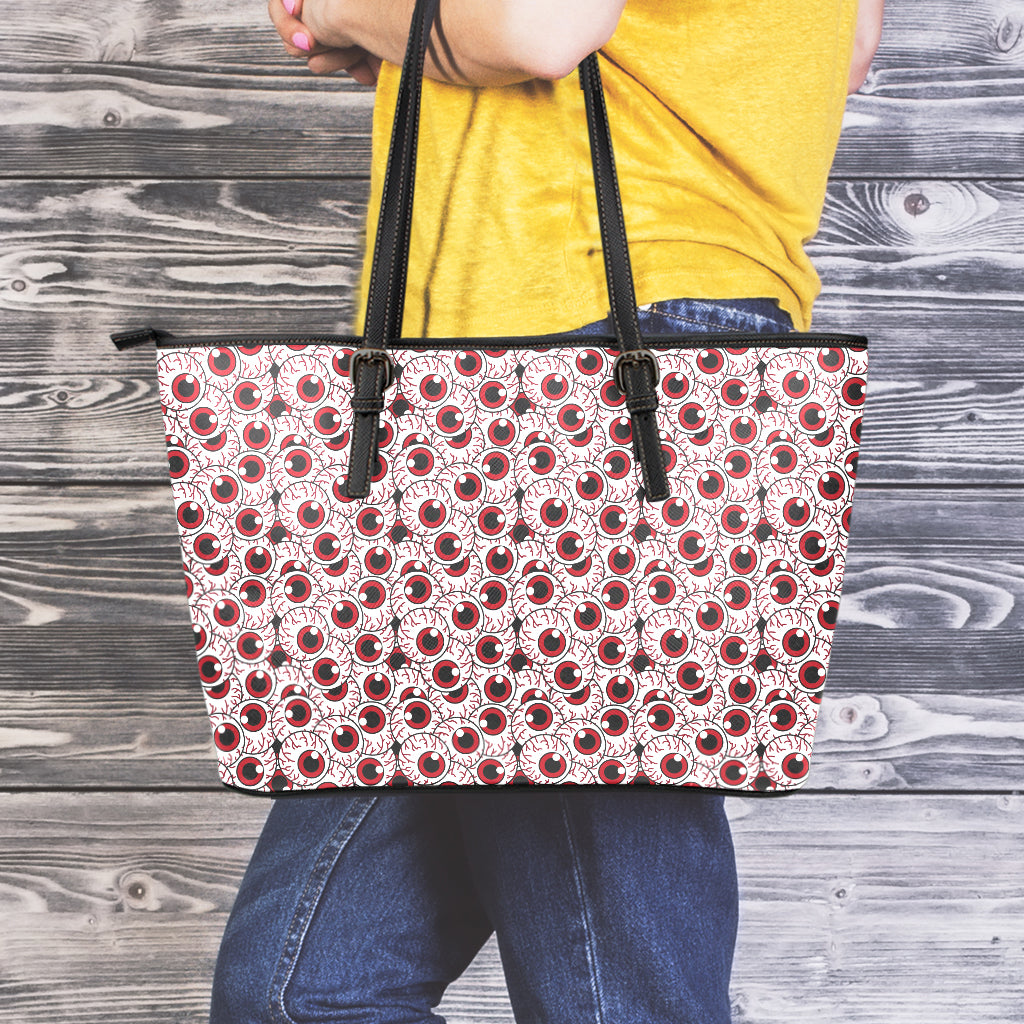 Creepy Red Eyeball Pattern Print Leather Tote Bag