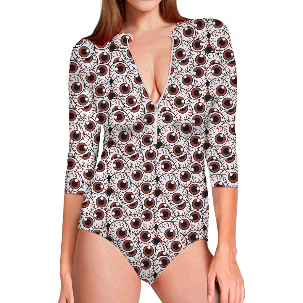 Creepy Red Eyeball Pattern Print Long Sleeve One Piece Swimsuit