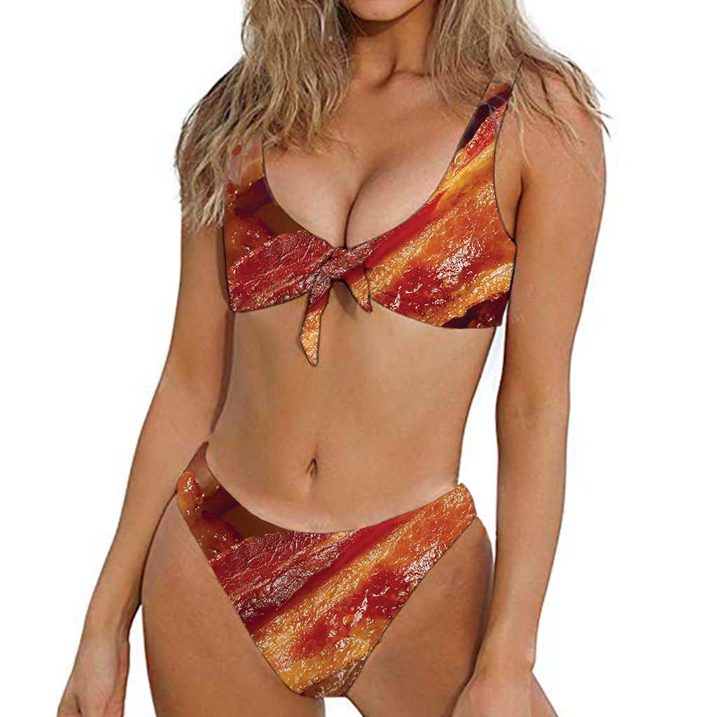 Crispy Bacon Print Front Bow Tie Bikini