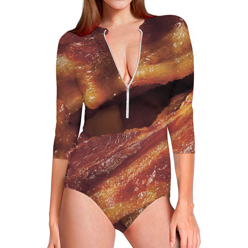 Crispy Bacon Print Long Sleeve One Piece Swimsuit