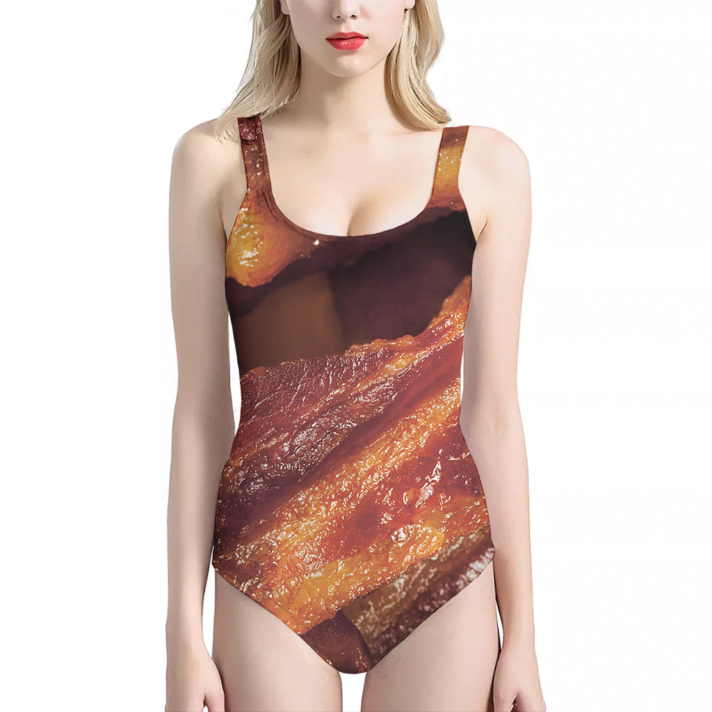 Crispy Bacon Print One Piece Halter Neck Swimsuit