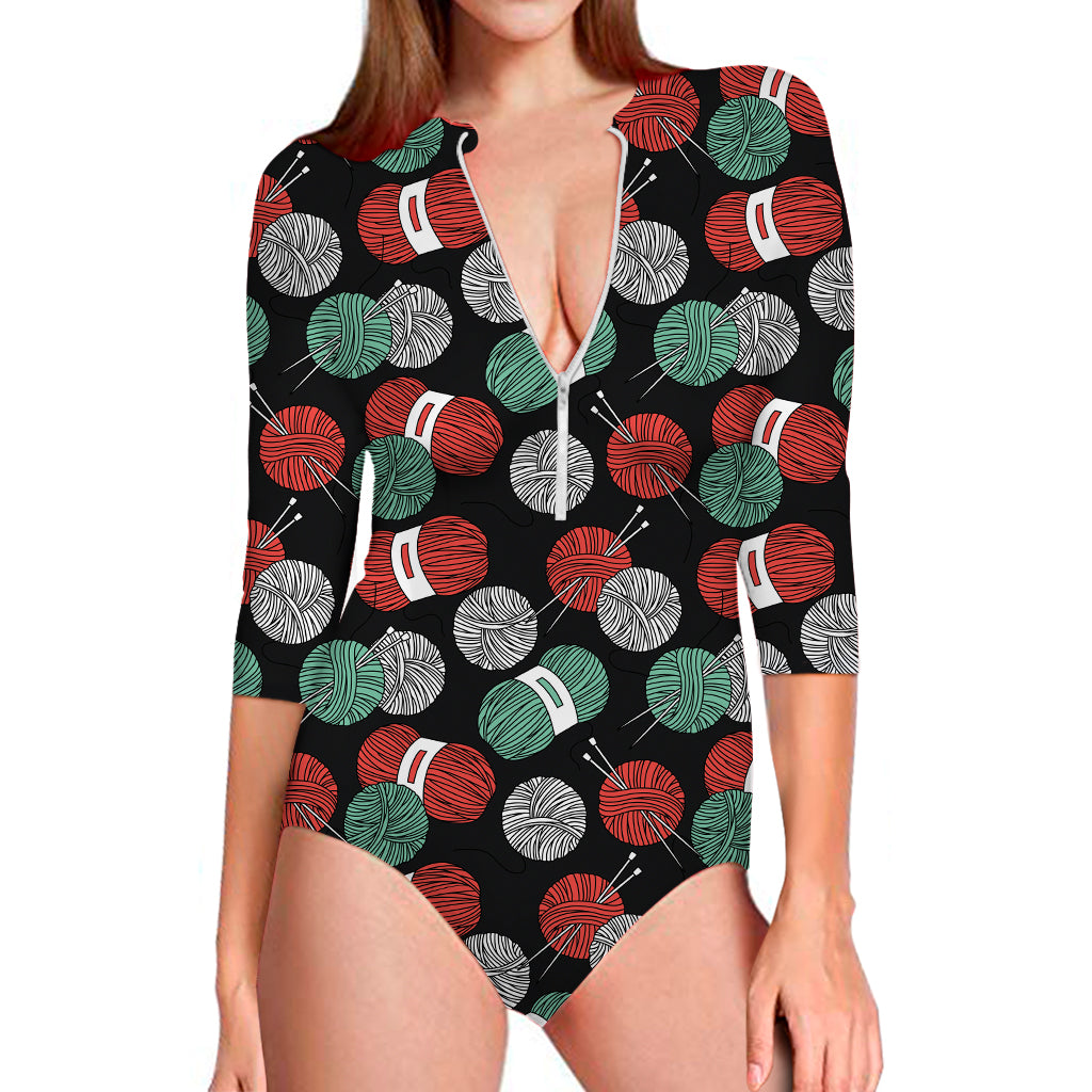 Crochet Yarn Pattern Print Long Sleeve One Piece Swimsuit