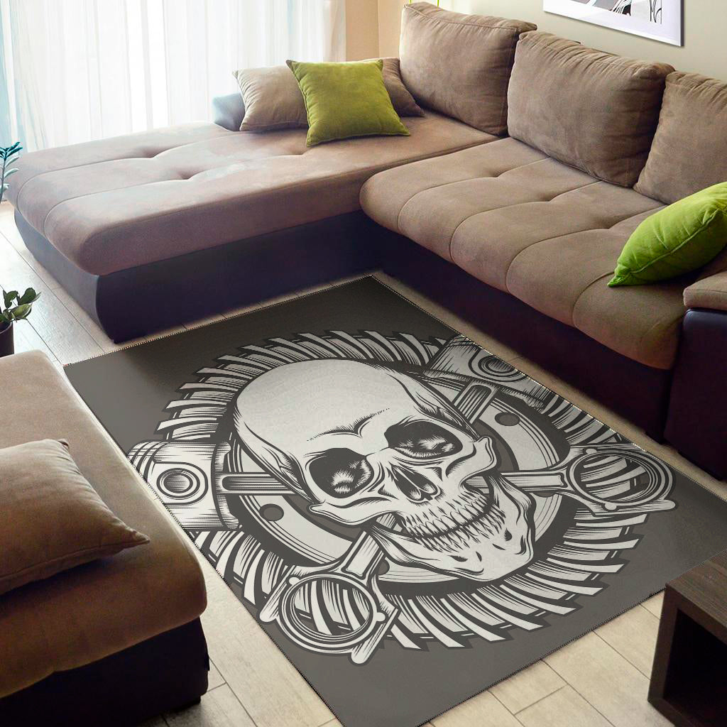 Cross Piston Mechanic Skull Print Area Rug