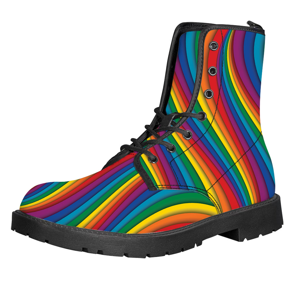 Curved Rainbow Pattern Print Leather Boots