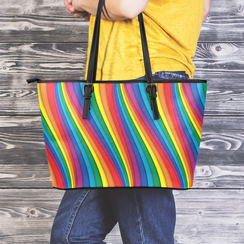 Curved Rainbow Pattern Print Leather Tote Bag