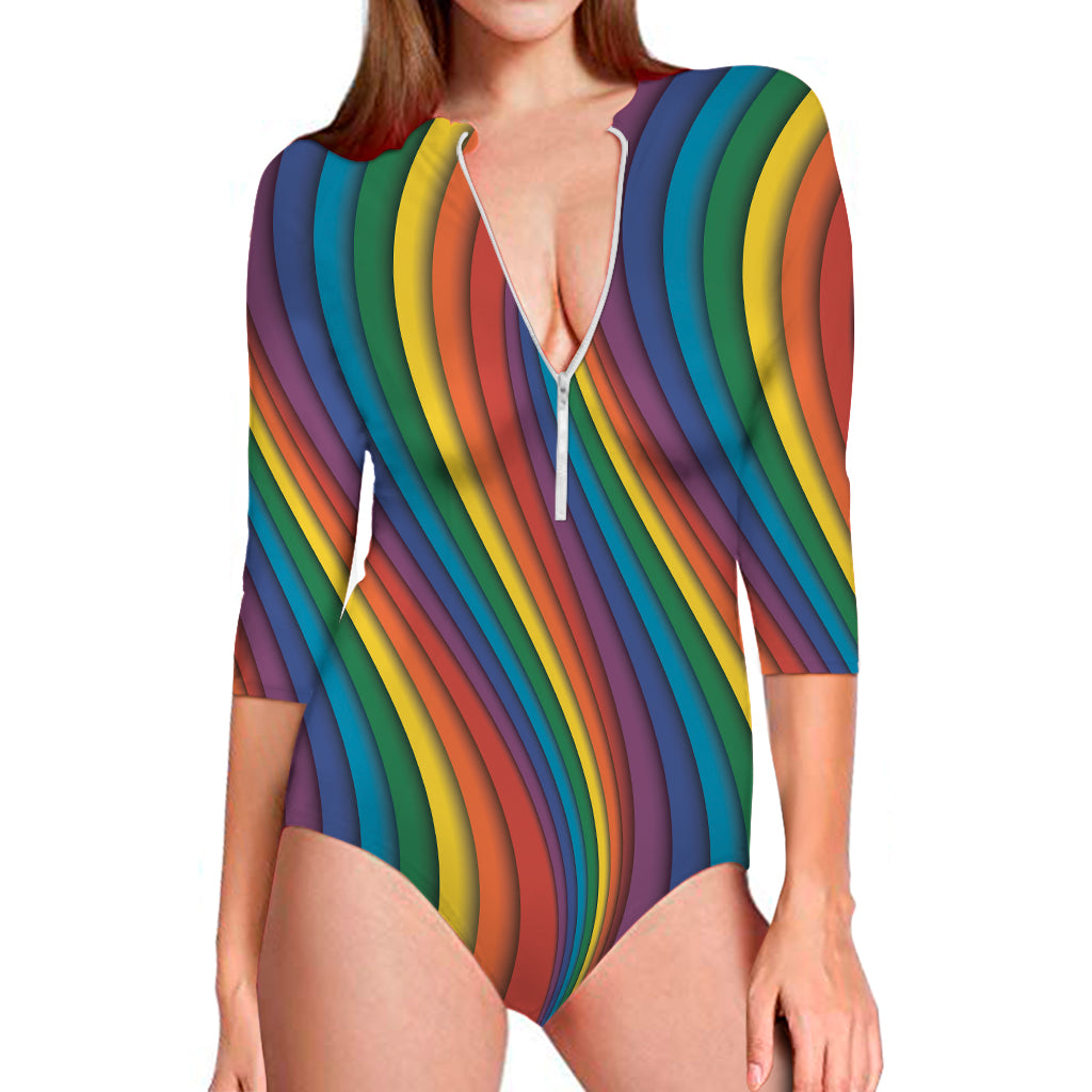 Curved Rainbow Pattern Print Long Sleeve One Piece Swimsuit