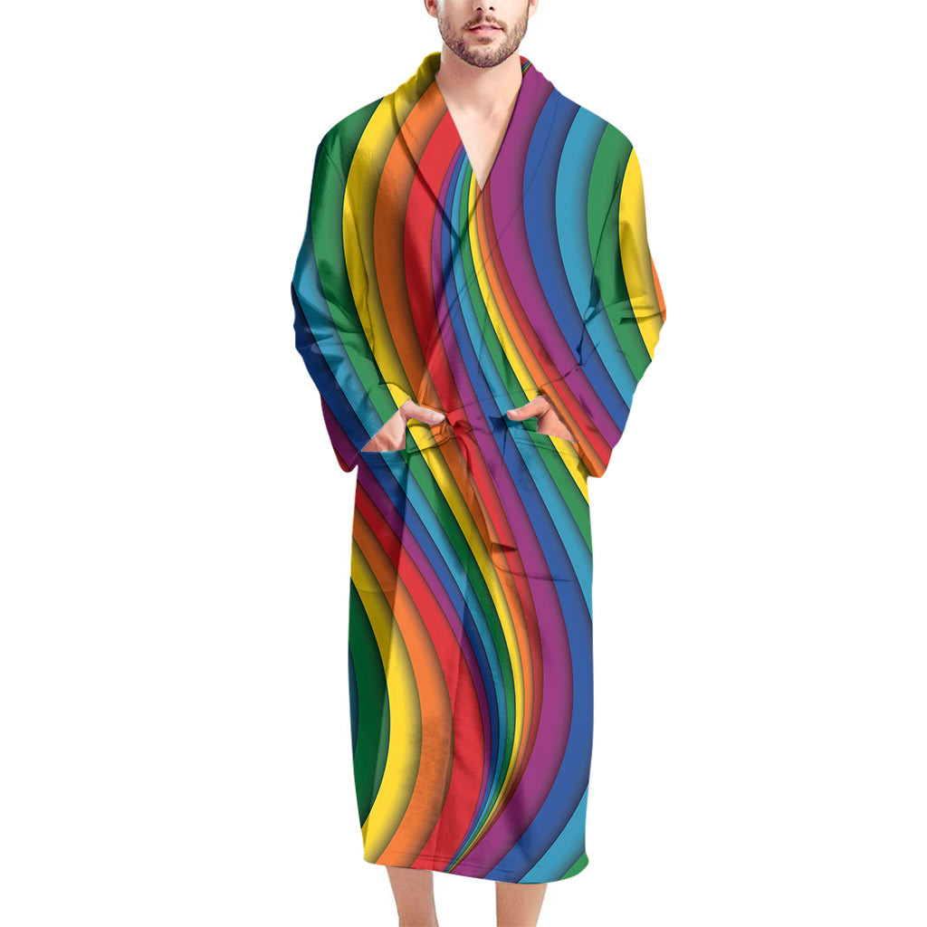 Curved Rainbow Pattern Print Men's Bathrobe