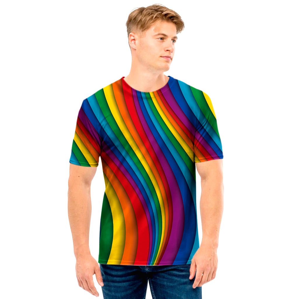 Curved Rainbow Pattern Print Men's T-Shirt